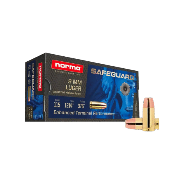 Munição Norma Calibre 9mm Luger JHP 115gr Safeguard Self-Defense Caixa 50un