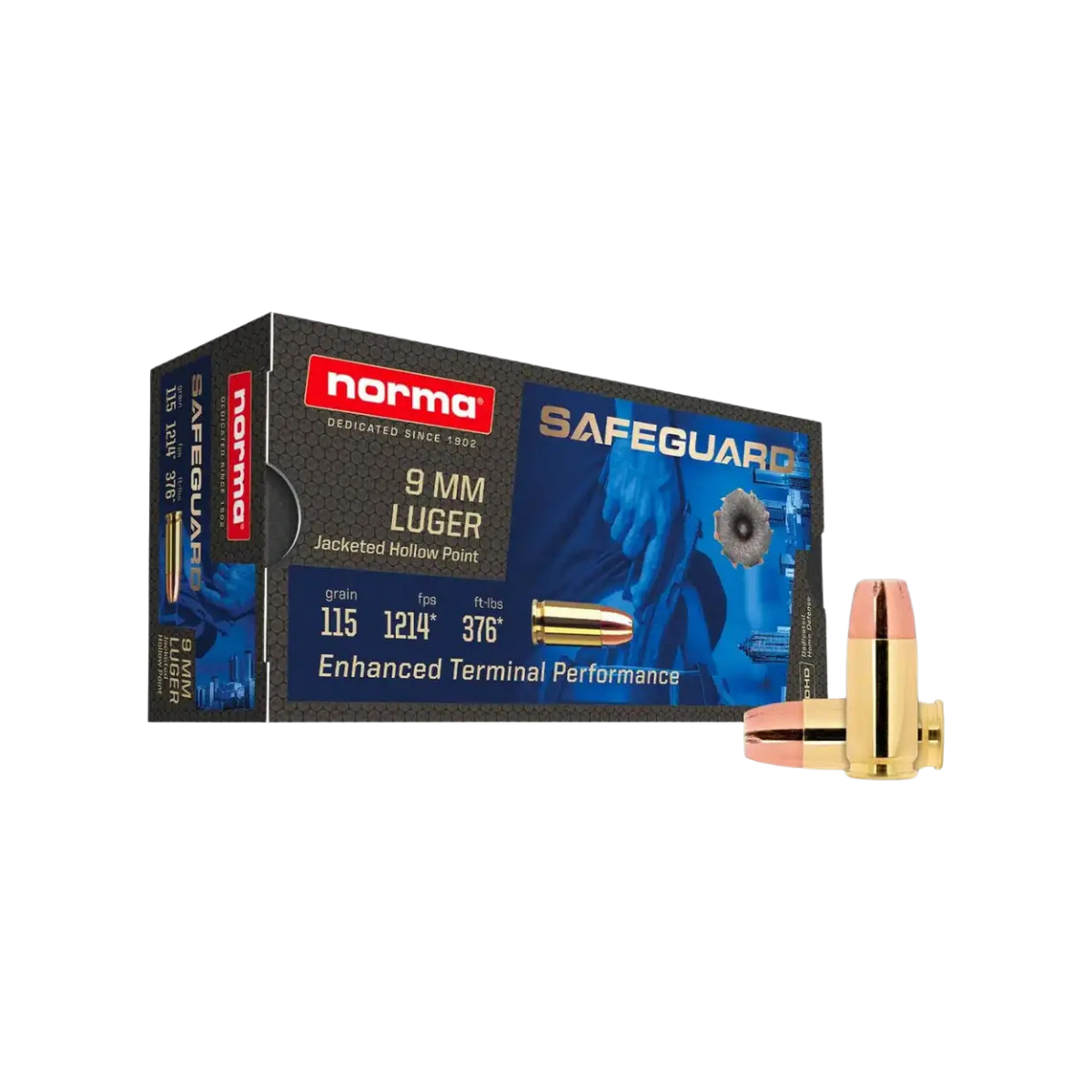 Munição Norma Calibre 9mm Luger JHP 115gr Safeguard Self-Defense Caixa 50un